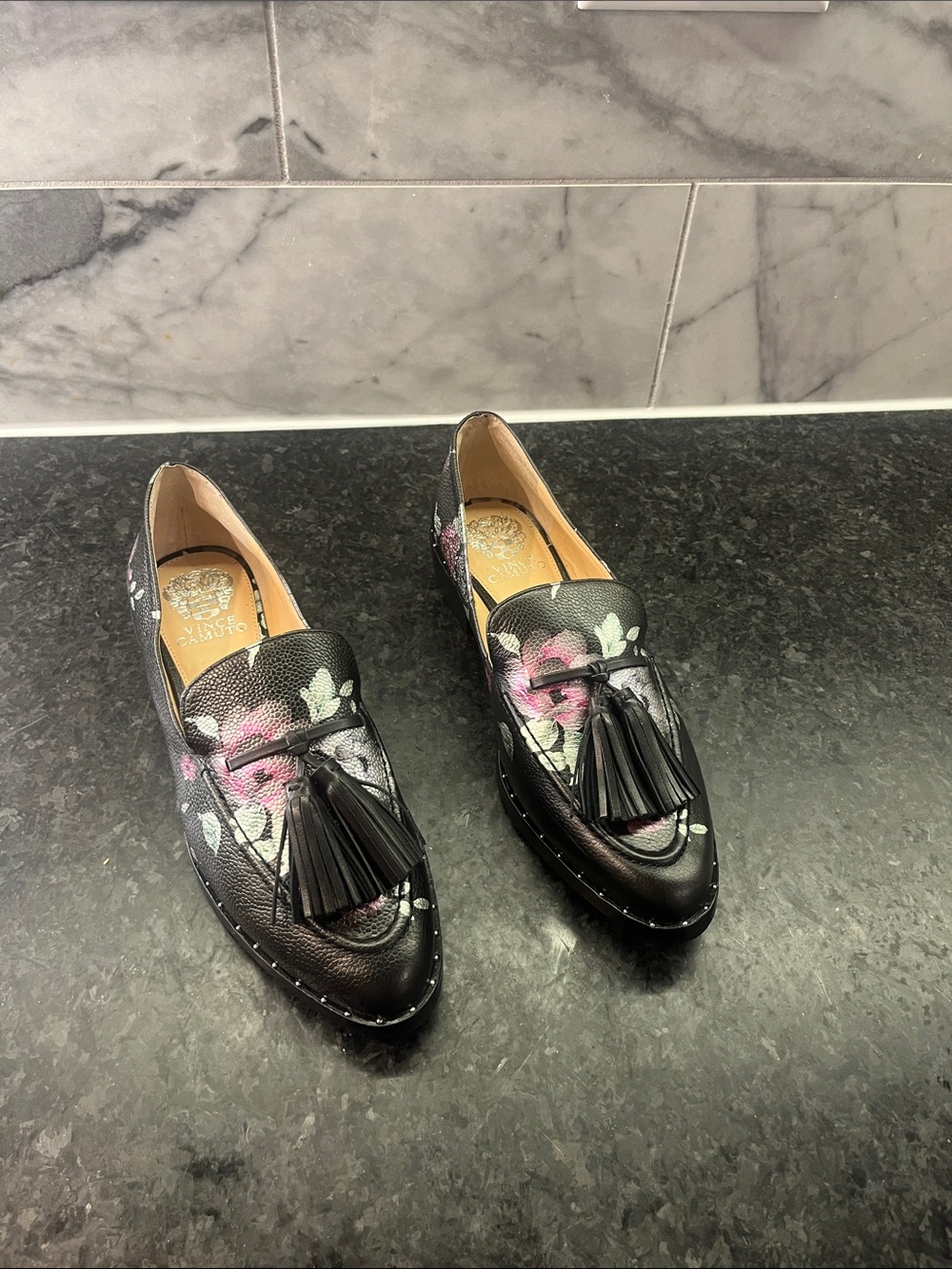Vince Camino Floral Black Tassel Loafers